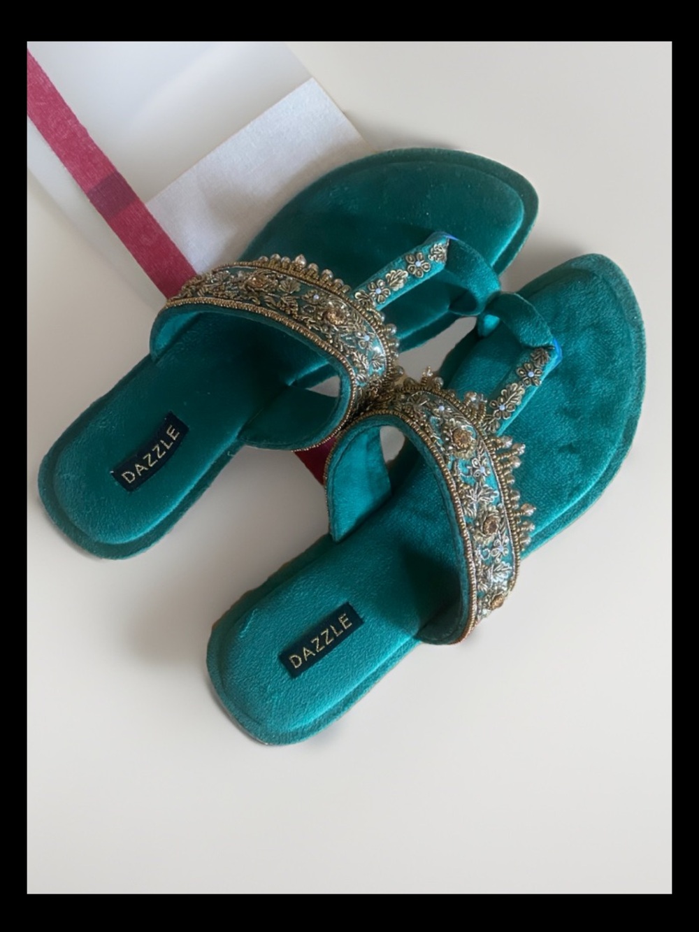 Dazzle Teal Embellished Velvet Women's Sandals - Slip-On 6 Narrow Fit